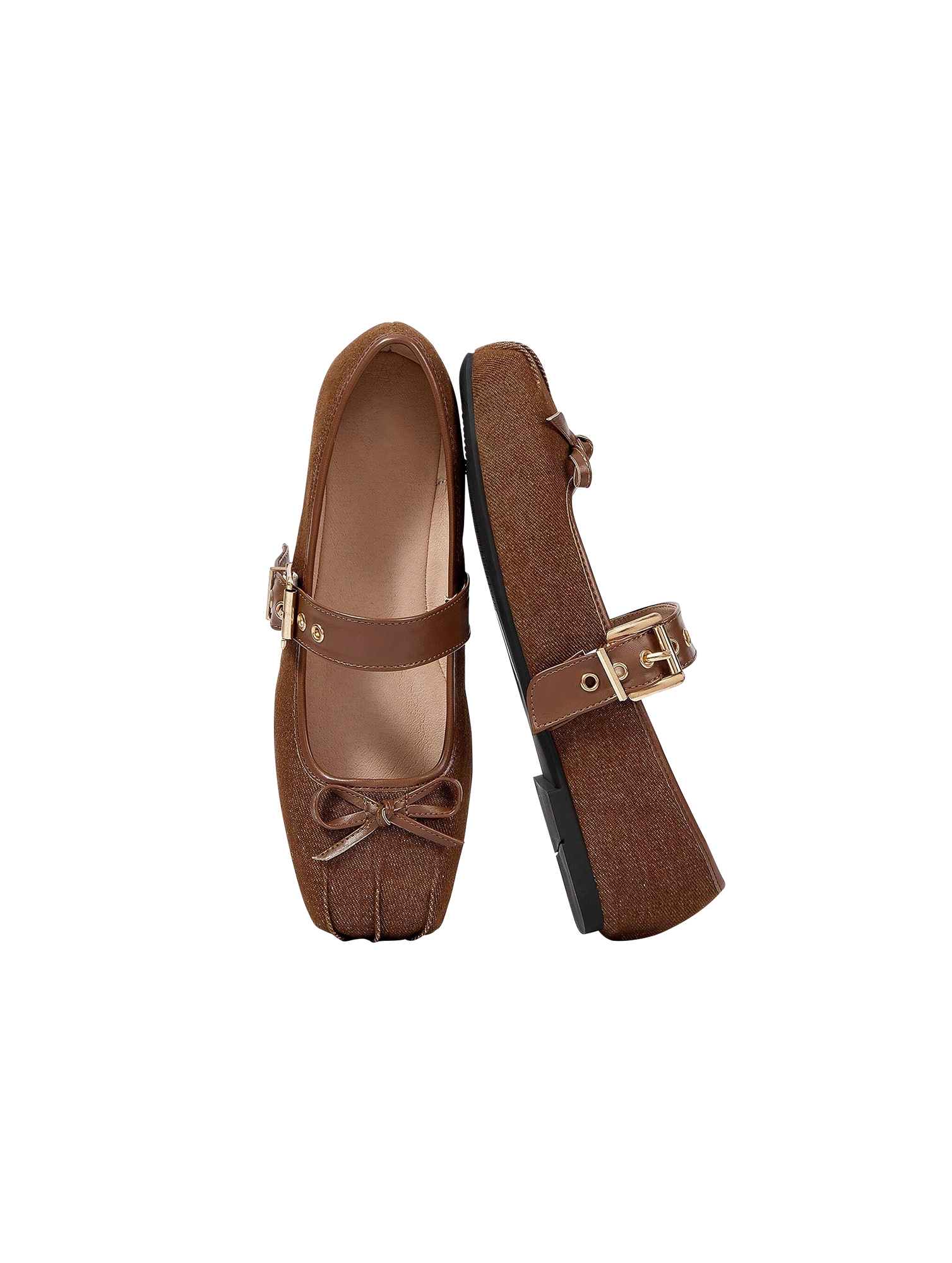 Loptok Women’s Brown Square Toe Mary Jane Flats With Bow And Buckle