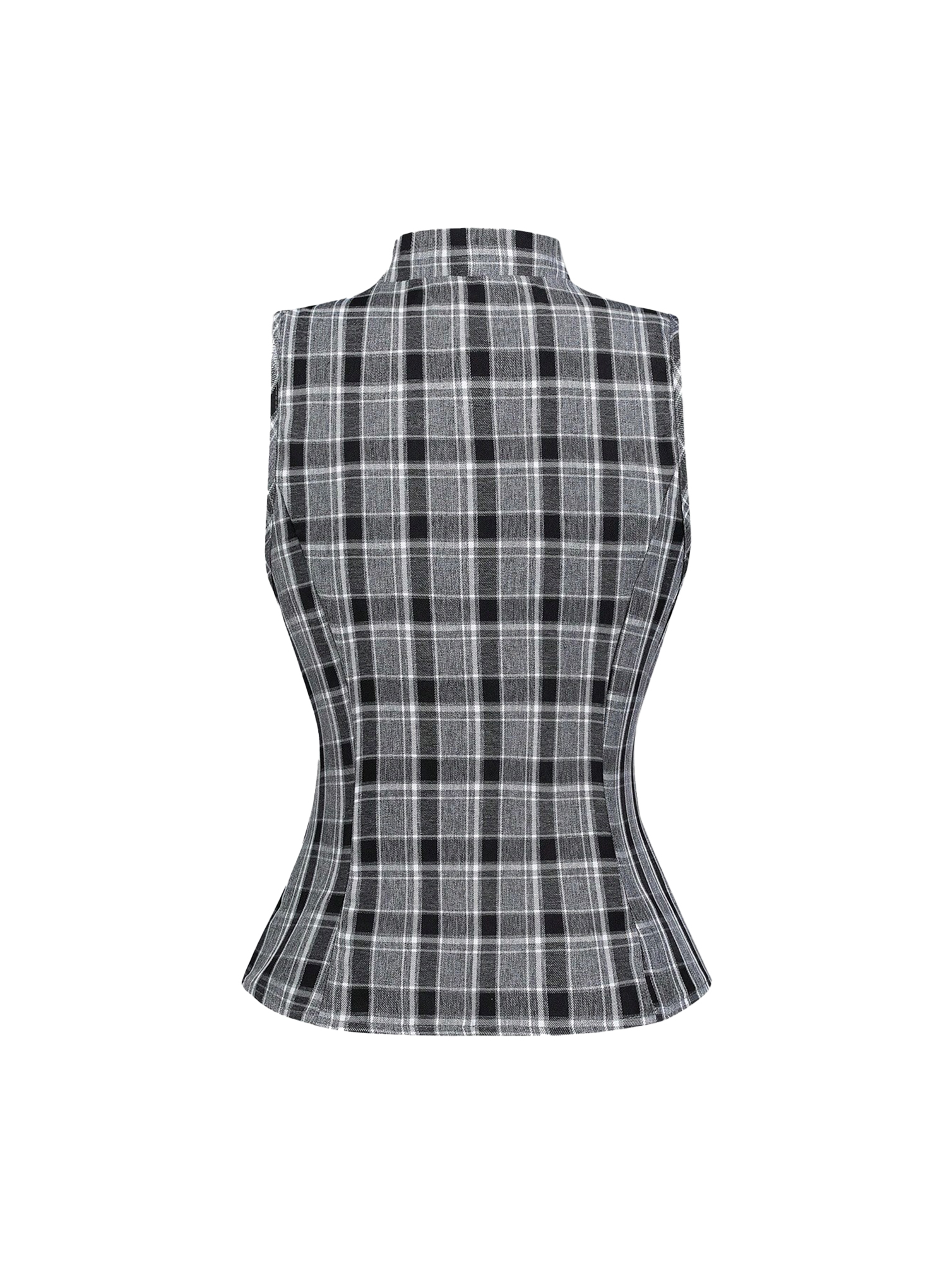 Loptok Women’s Black Plaid Slim-Fit Tie Neck Sleeveless Top - Image 2
